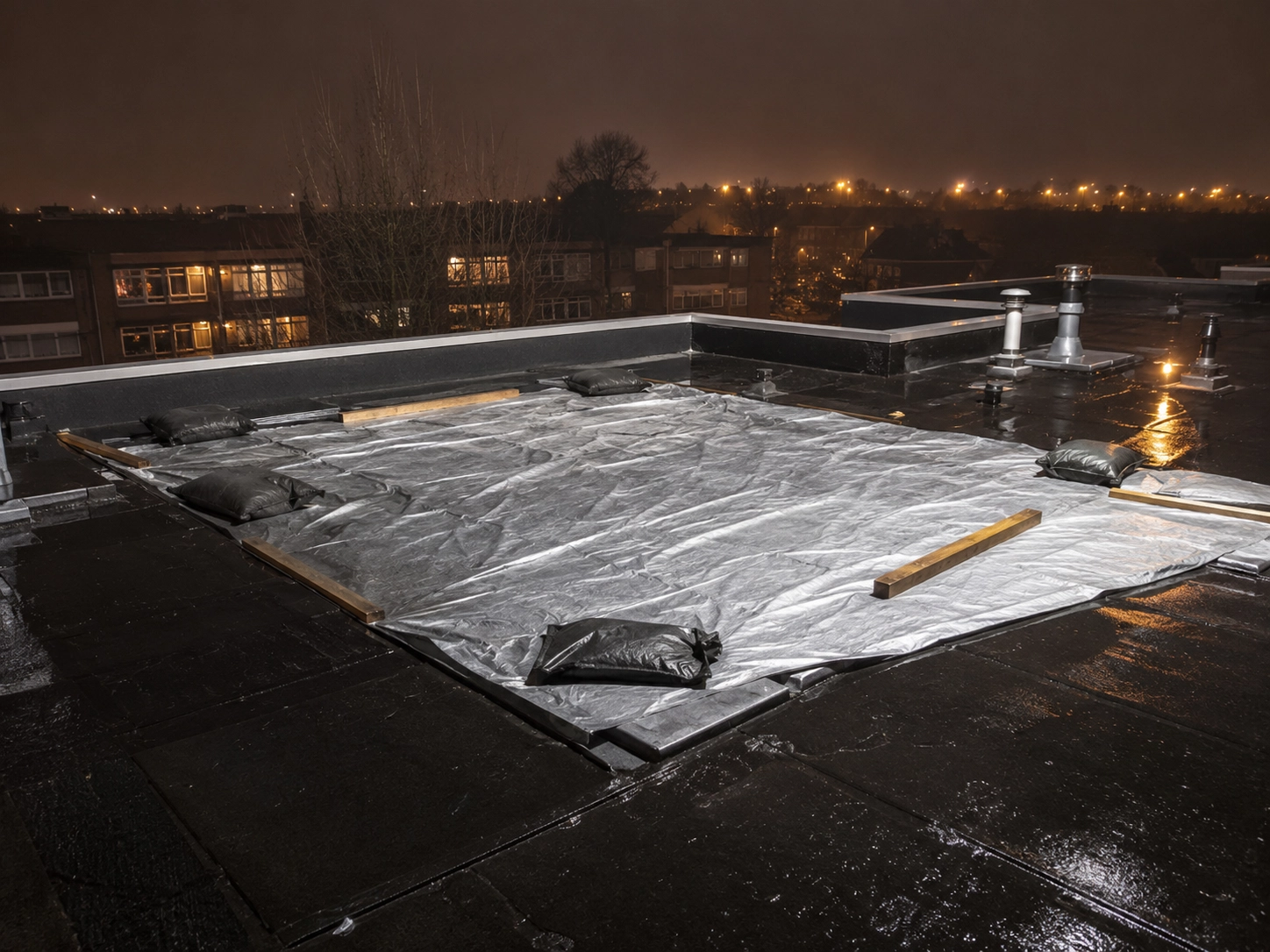 Plat dak dat 's avonds met een afdekzeil en zandzakken tegen regen wordt beschermd