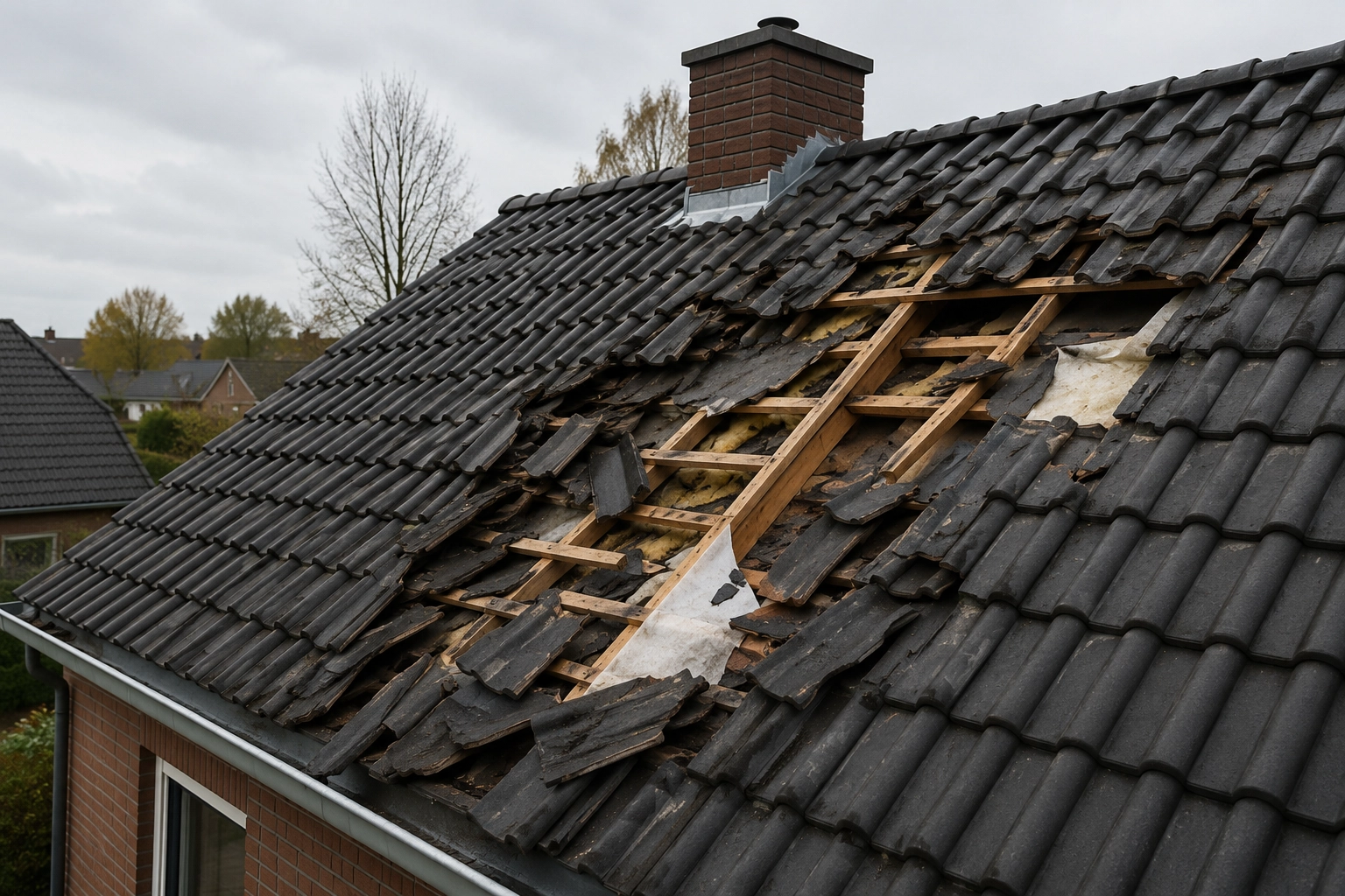 Groot gat in een pannendak met gebroken pannen en blootliggende dakconstructie
